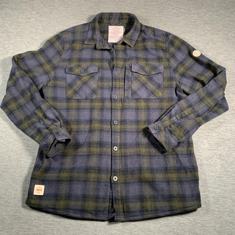 Globe Wanderer Shacket Shirt‎ Mens XL Blue Green Plaid Organic Cotton Button Up